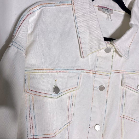 Andrée By Unit White Denim Jacket With Rainbow Stitching Jean Jacket L - Picture 10 of 16